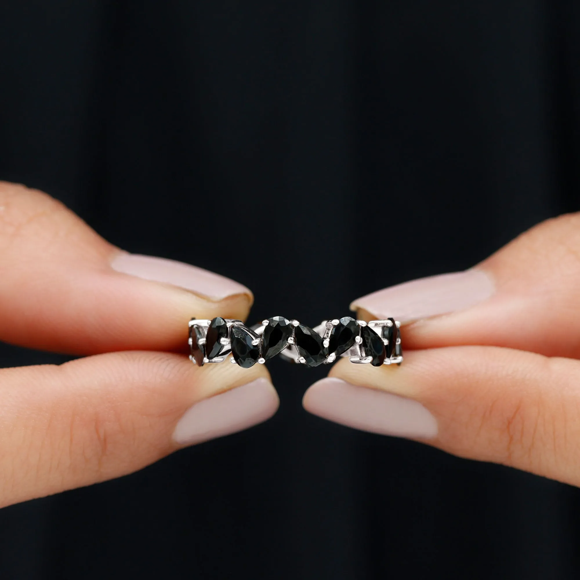 Elegant Pear Shape Black Onyx Tilted Eternity Band Ring in Gold