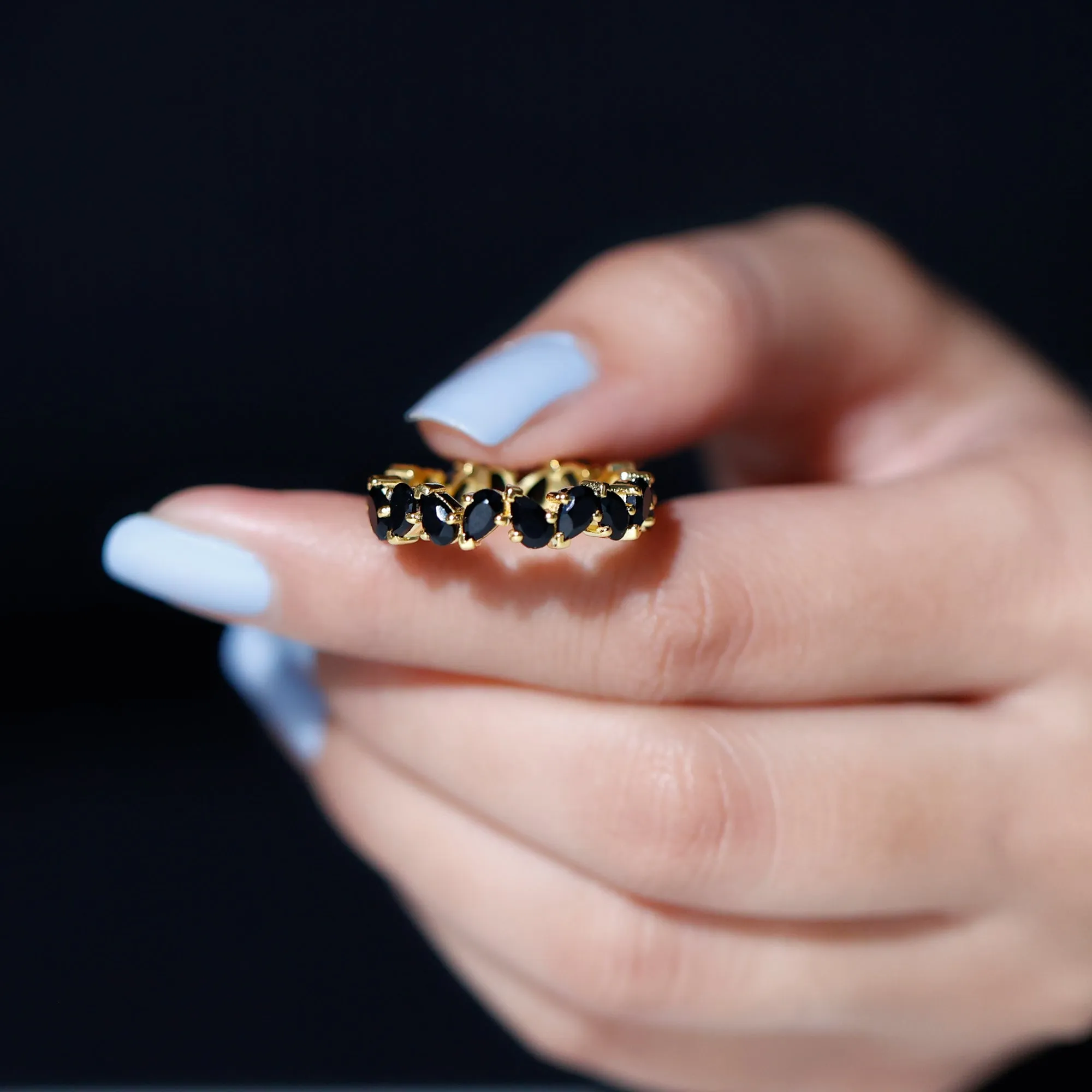 Elegant Pear Shape Black Onyx Tilted Eternity Band Ring in Gold