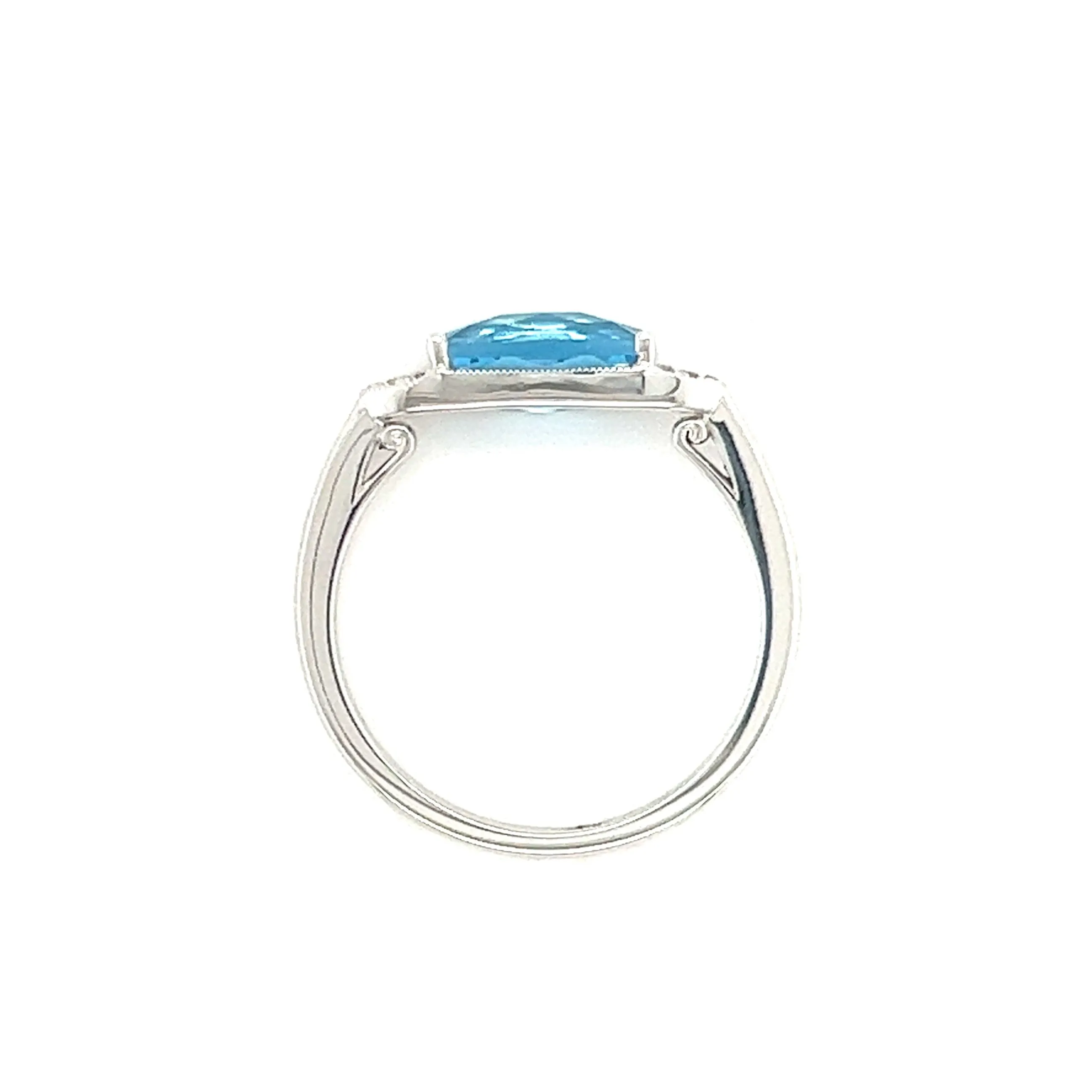 Elongated Blue Topaz Ring with Twelve Side Diamonds in 14K White Gold