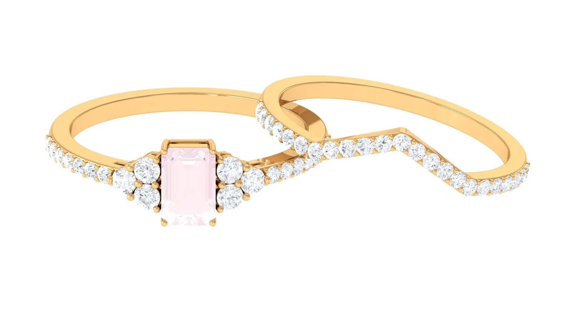 Emerald Cut Rose Quartz Stackable Ring Set with Diamond