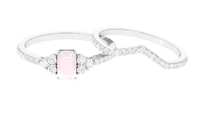 Emerald Cut Rose Quartz Stackable Ring Set with Diamond