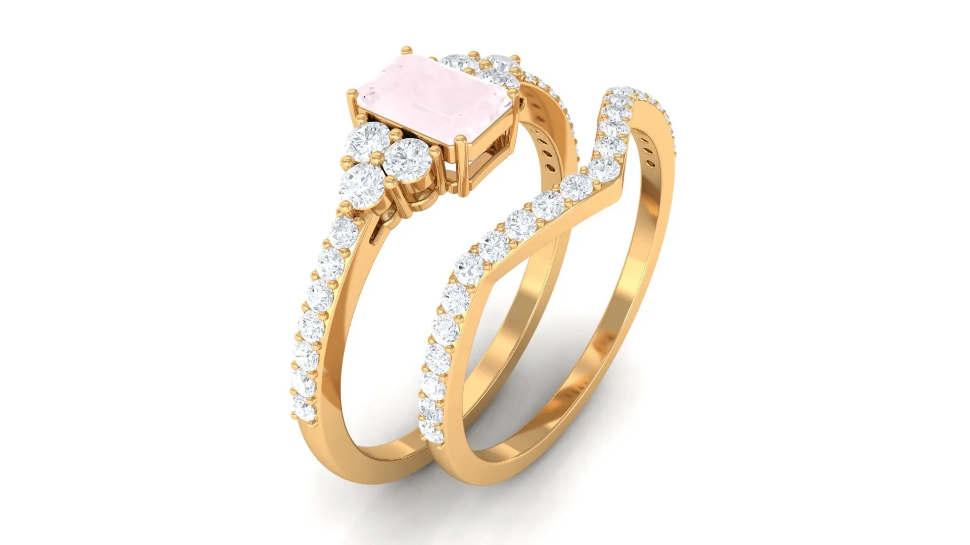 Emerald Cut Rose Quartz Stackable Ring Set with Diamond