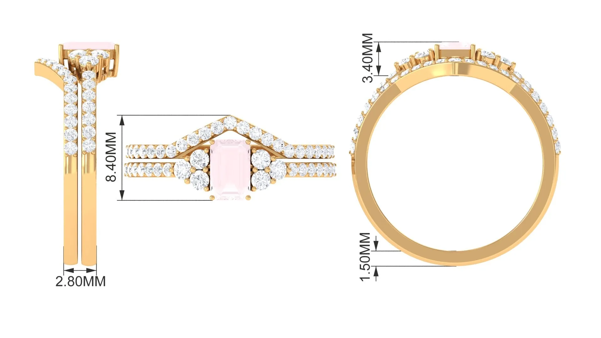 Emerald Cut Rose Quartz Stackable Ring Set with Diamond