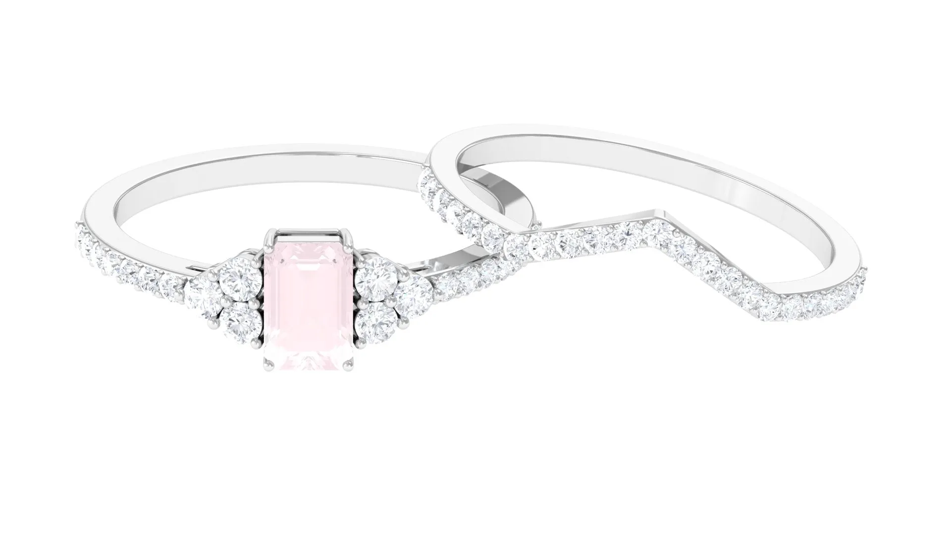 Emerald Cut Rose Quartz Stackable Ring Set with Diamond