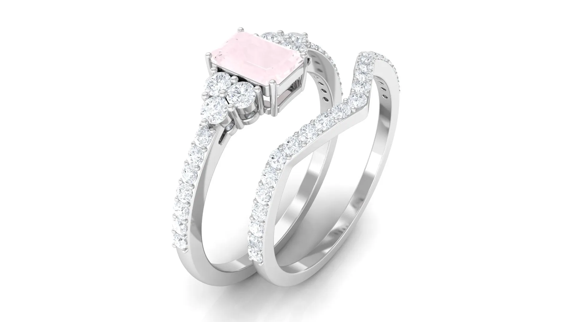 Emerald Cut Rose Quartz Stackable Ring Set with Diamond