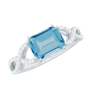 Emerald Cut Swiss Blue Topaz East-West Crossover Ring with Diamond