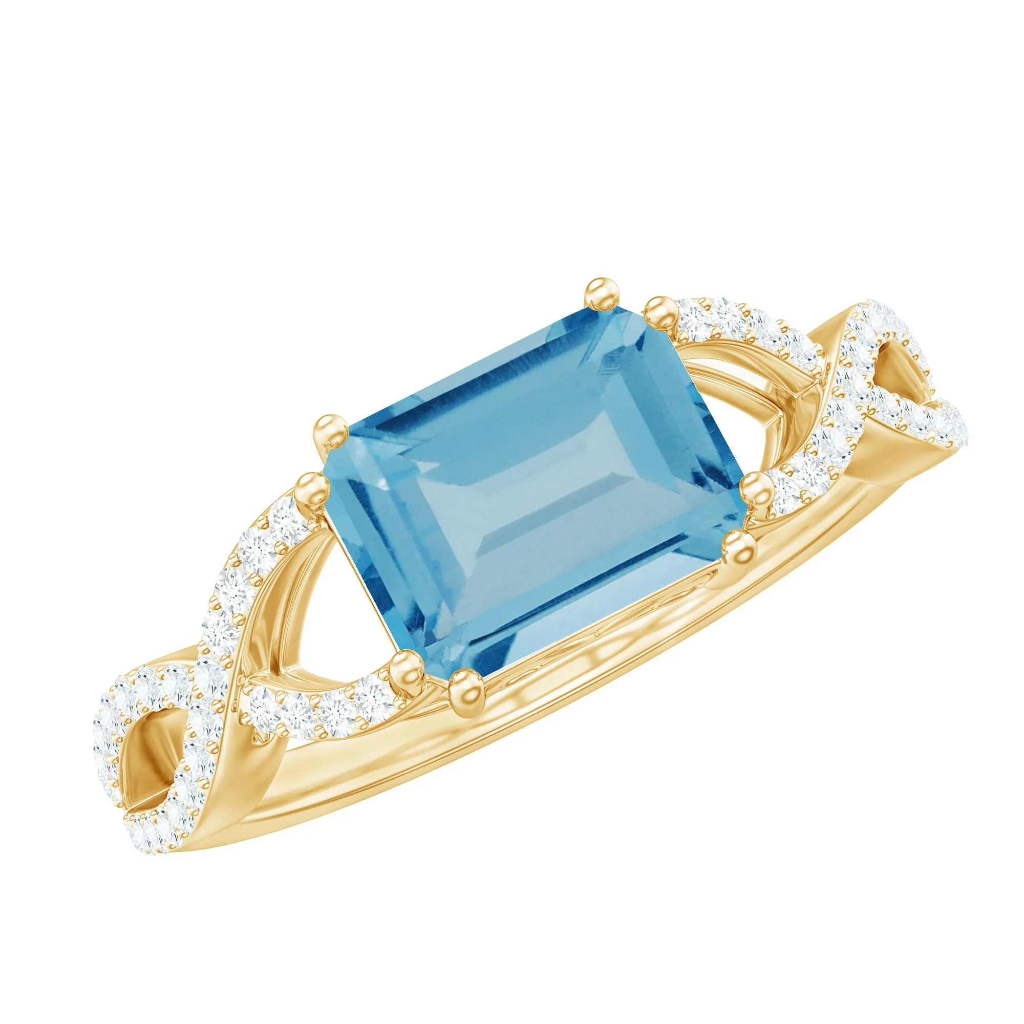 Emerald Cut Swiss Blue Topaz East-West Crossover Ring with Diamond