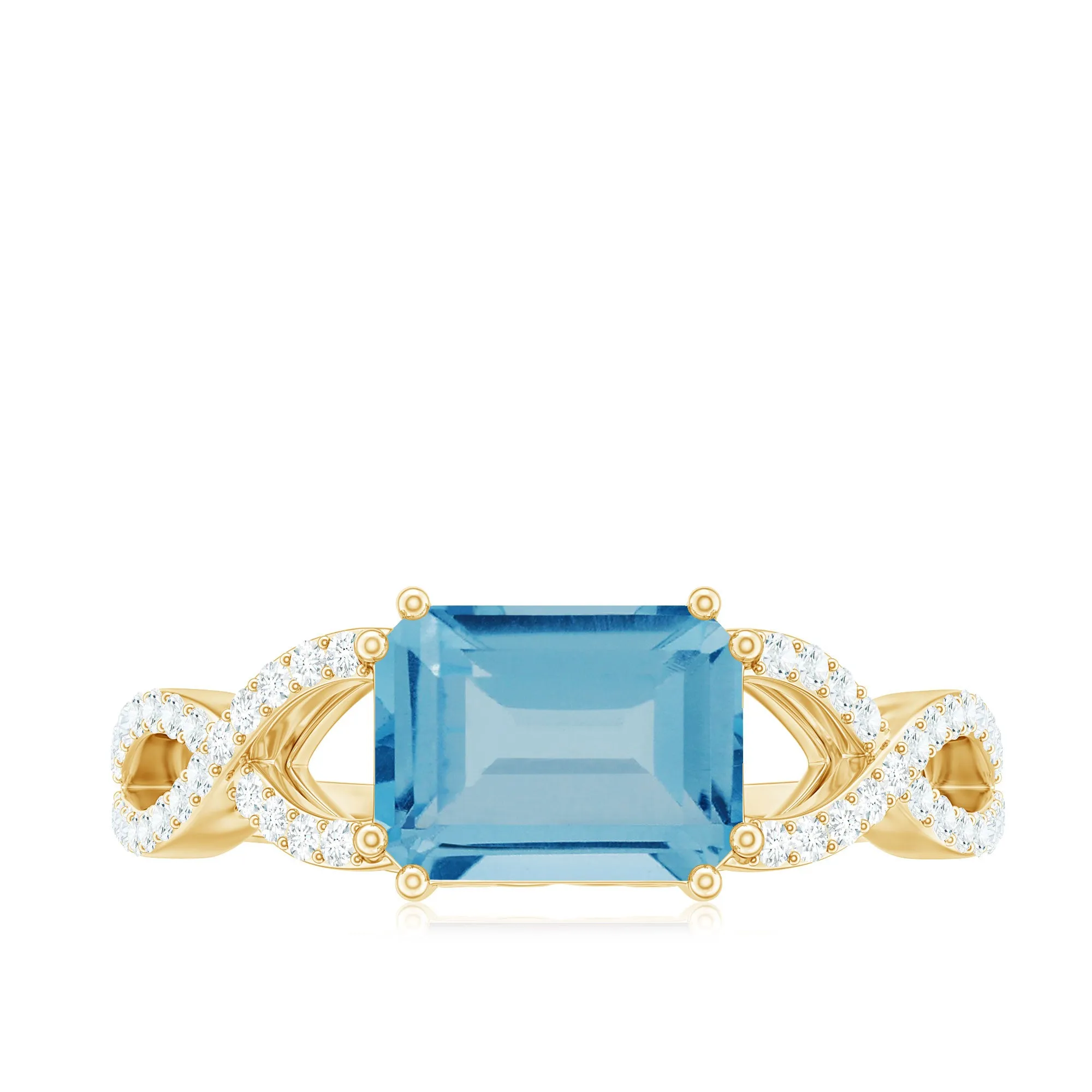 Emerald Cut Swiss Blue Topaz East-West Crossover Ring with Diamond