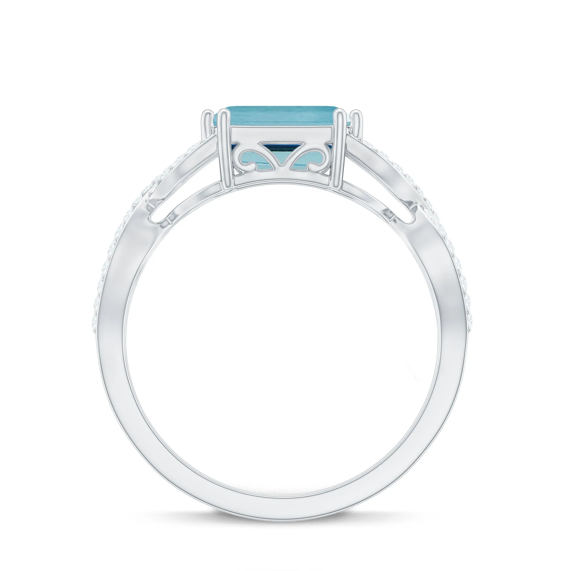 Emerald Cut Swiss Blue Topaz East-West Crossover Ring with Diamond