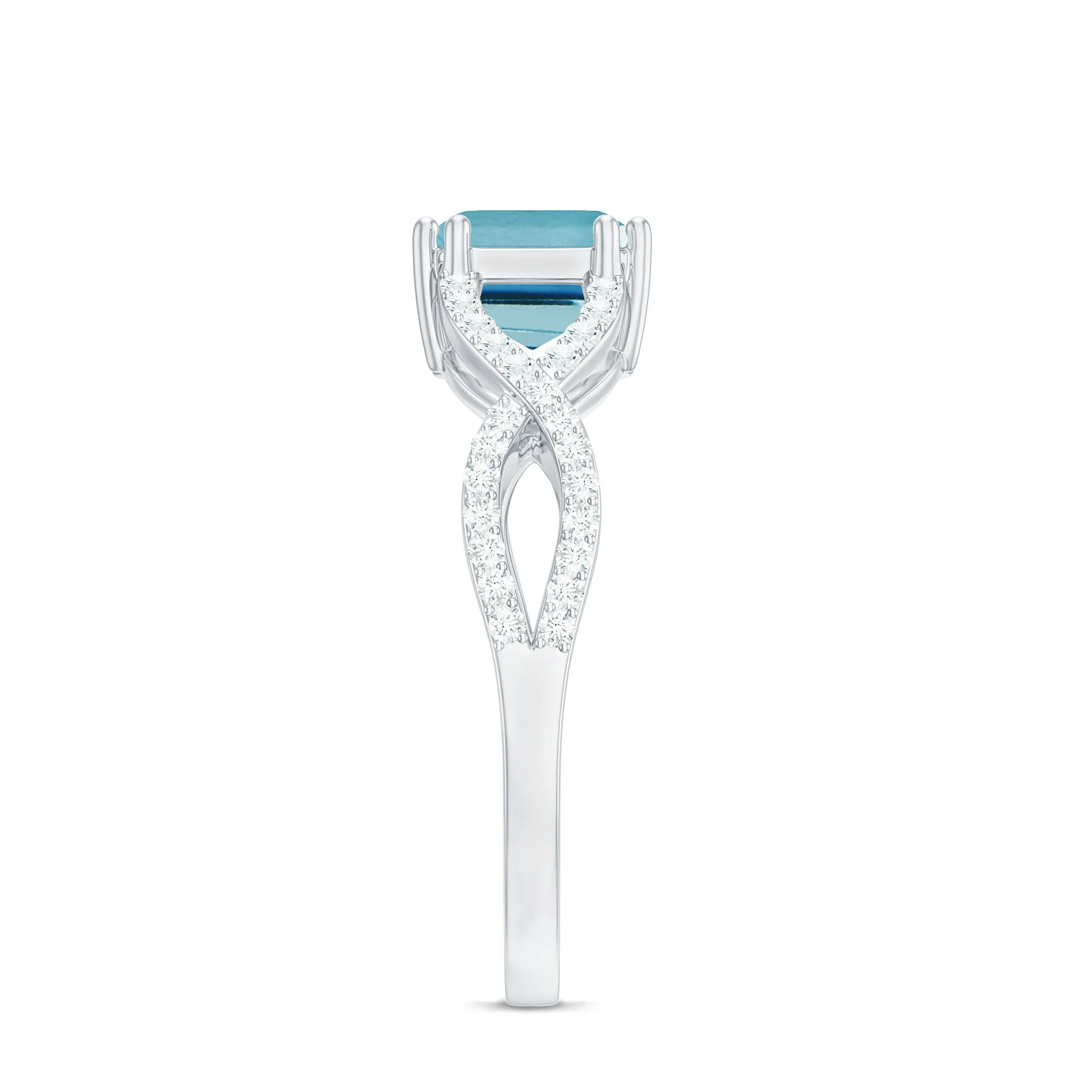 Emerald Cut Swiss Blue Topaz East-West Crossover Ring with Diamond