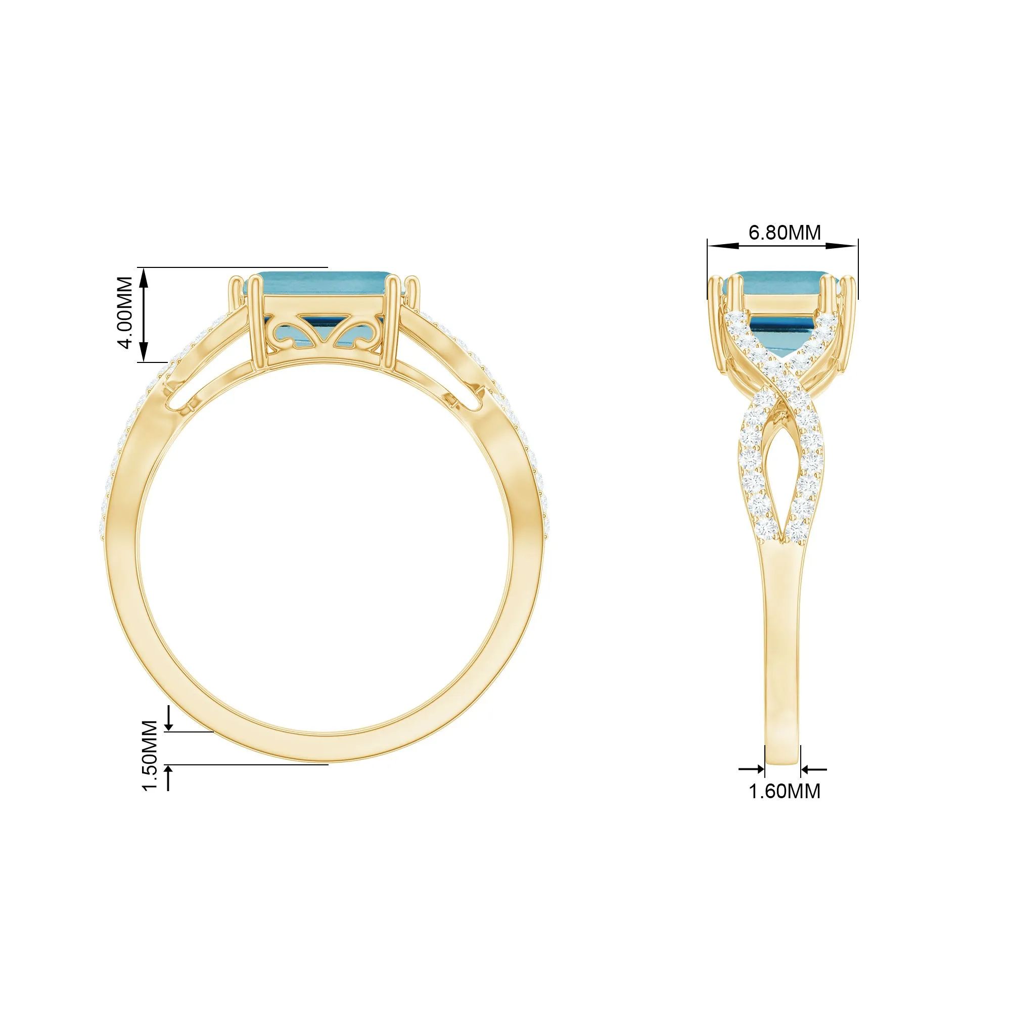 Emerald Cut Swiss Blue Topaz East-West Crossover Ring with Diamond