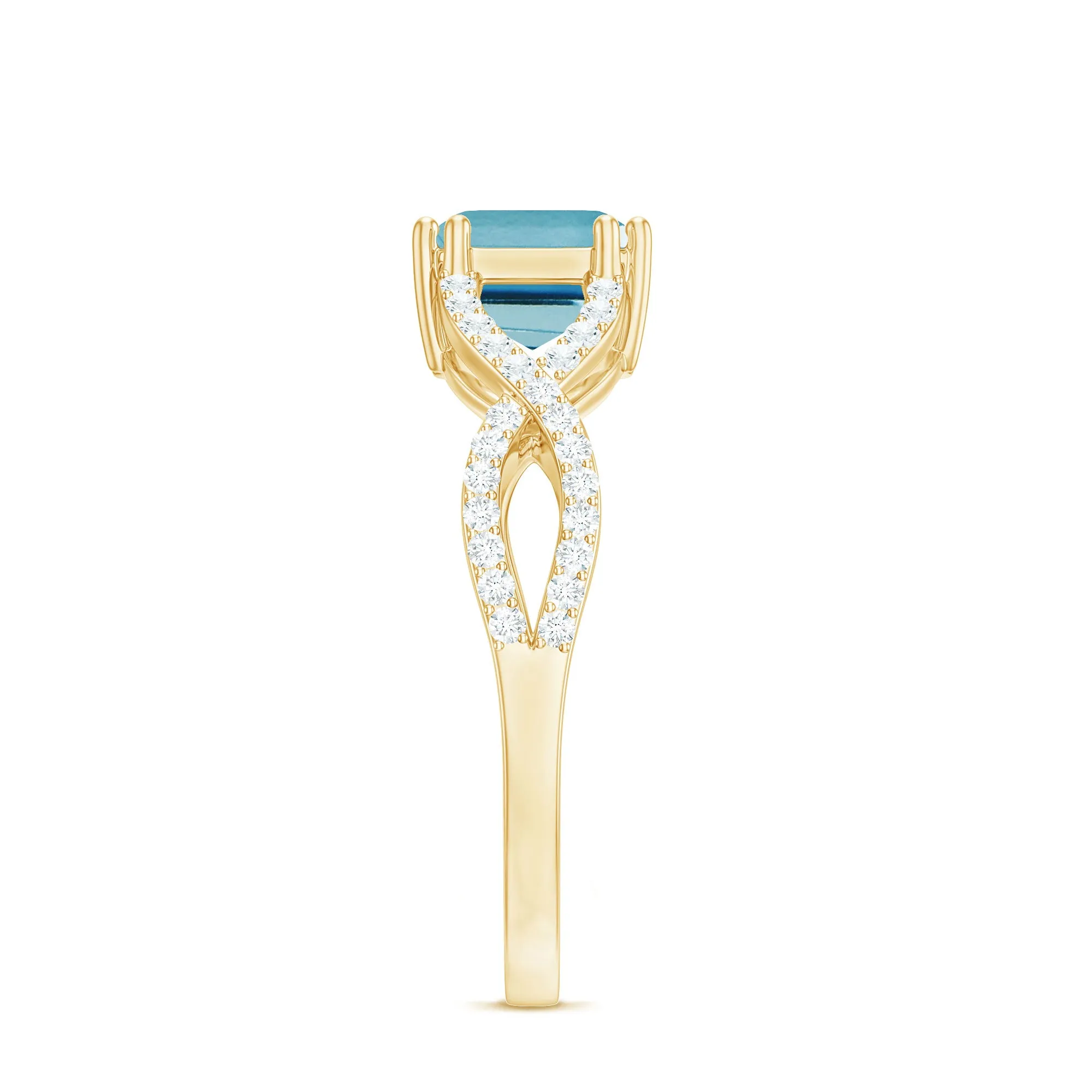 Emerald Cut Swiss Blue Topaz East-West Crossover Ring with Diamond
