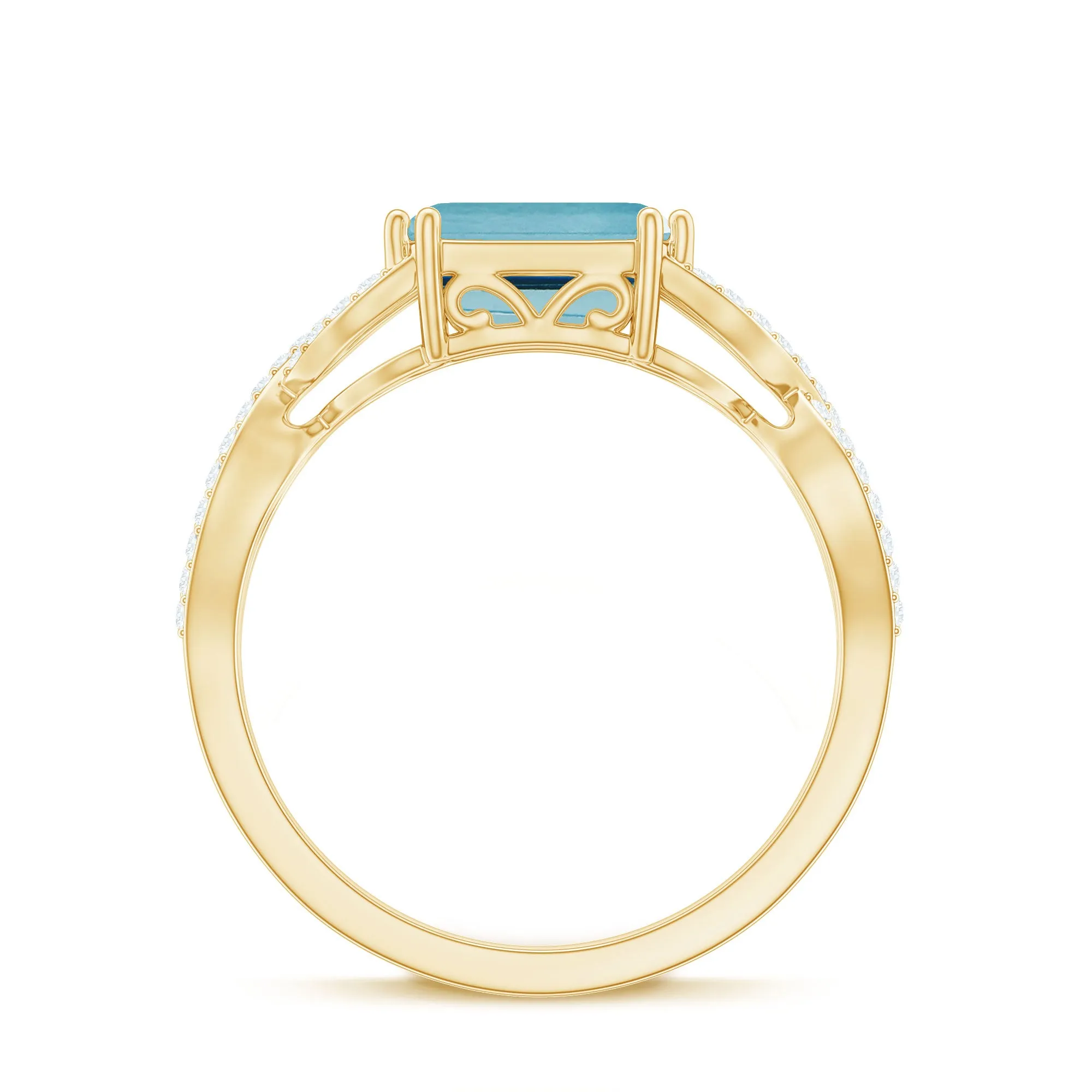 Emerald Cut Swiss Blue Topaz East-West Crossover Ring with Diamond