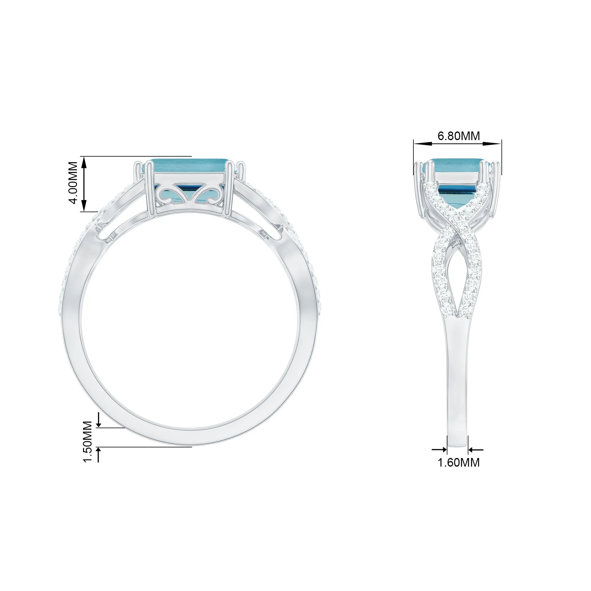 Emerald Cut Swiss Blue Topaz East-West Crossover Ring with Diamond