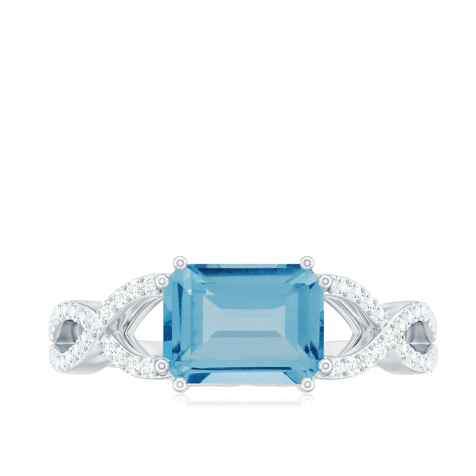 Emerald Cut Swiss Blue Topaz East-West Crossover Ring with Diamond