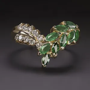 EMERALD DIAMOND COCKTAIL RING 14k YELLOW GOLD NATURAL V SHAPE BOTANICAL 1ct