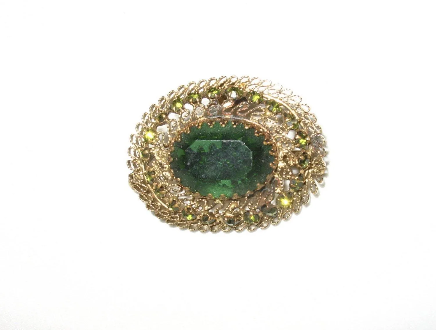 Fine Antique Filigree Austria Oval Brooch with Green Stones