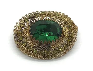 Fine Antique Filigree Austria Oval Brooch with Green Stones