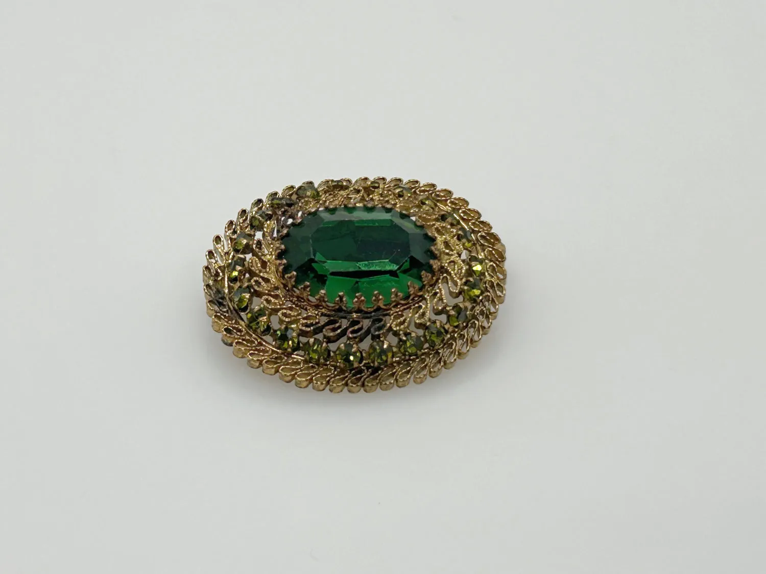 Fine Antique Filigree Austria Oval Brooch with Green Stones