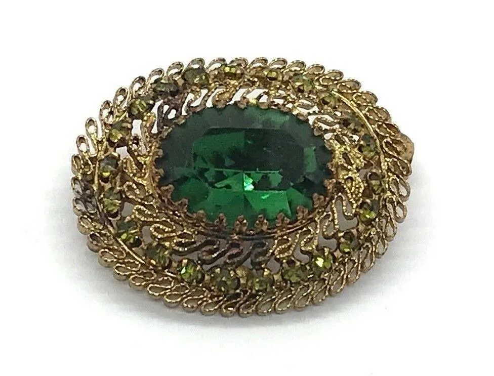 Fine Antique Filigree Austria Oval Brooch with Green Stones