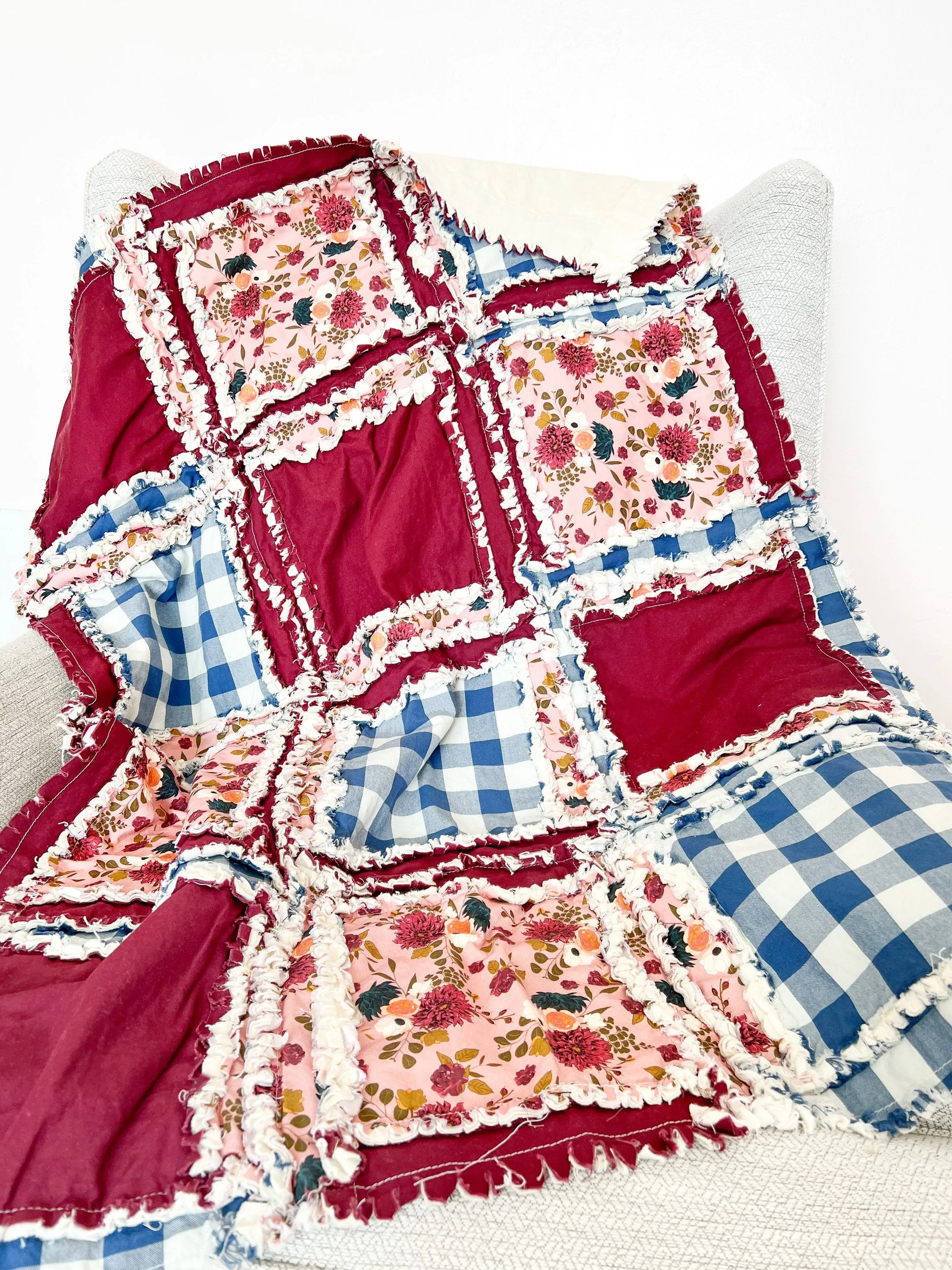 Floral Boho Baby Girl Mini Crib Quilt for Baby Girl Bedding, Girls Quick Ship Quilts, Dusty Rose Blue and Burgundy Rag Quilt for Girls