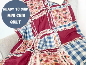Floral Boho Baby Girl Mini Crib Quilt for Baby Girl Bedding, Girls Quick Ship Quilts, Dusty Rose Blue and Burgundy Rag Quilt for Girls