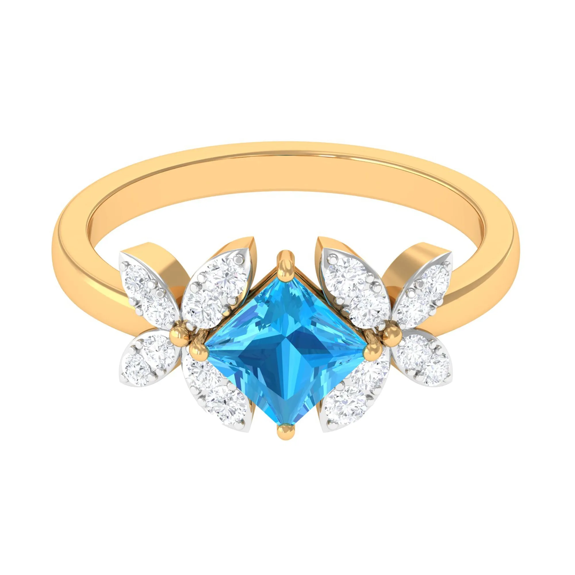 Floral Inspired Swiss Blue Topaz Engagement Ring with Diamond