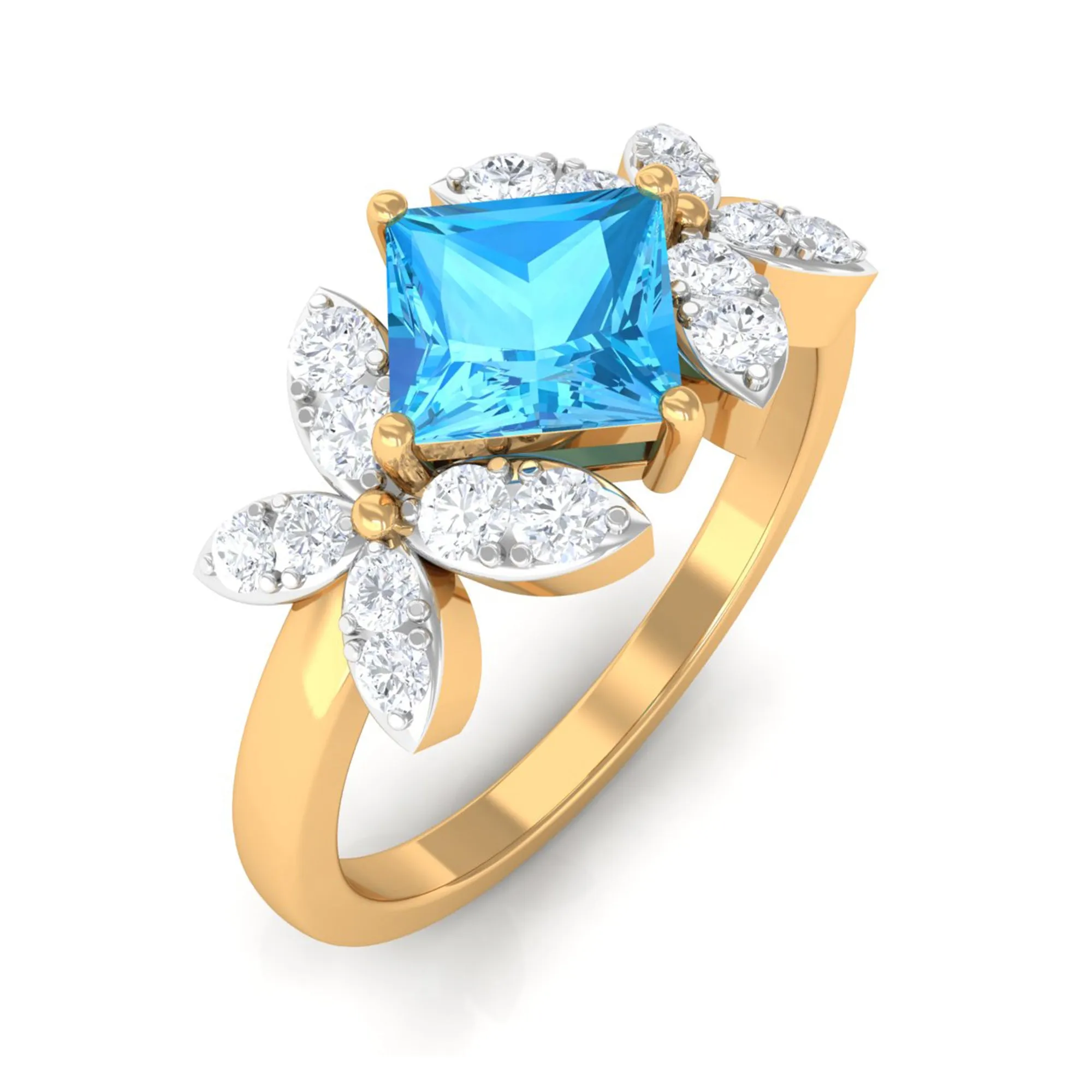 Floral Inspired Swiss Blue Topaz Engagement Ring with Diamond