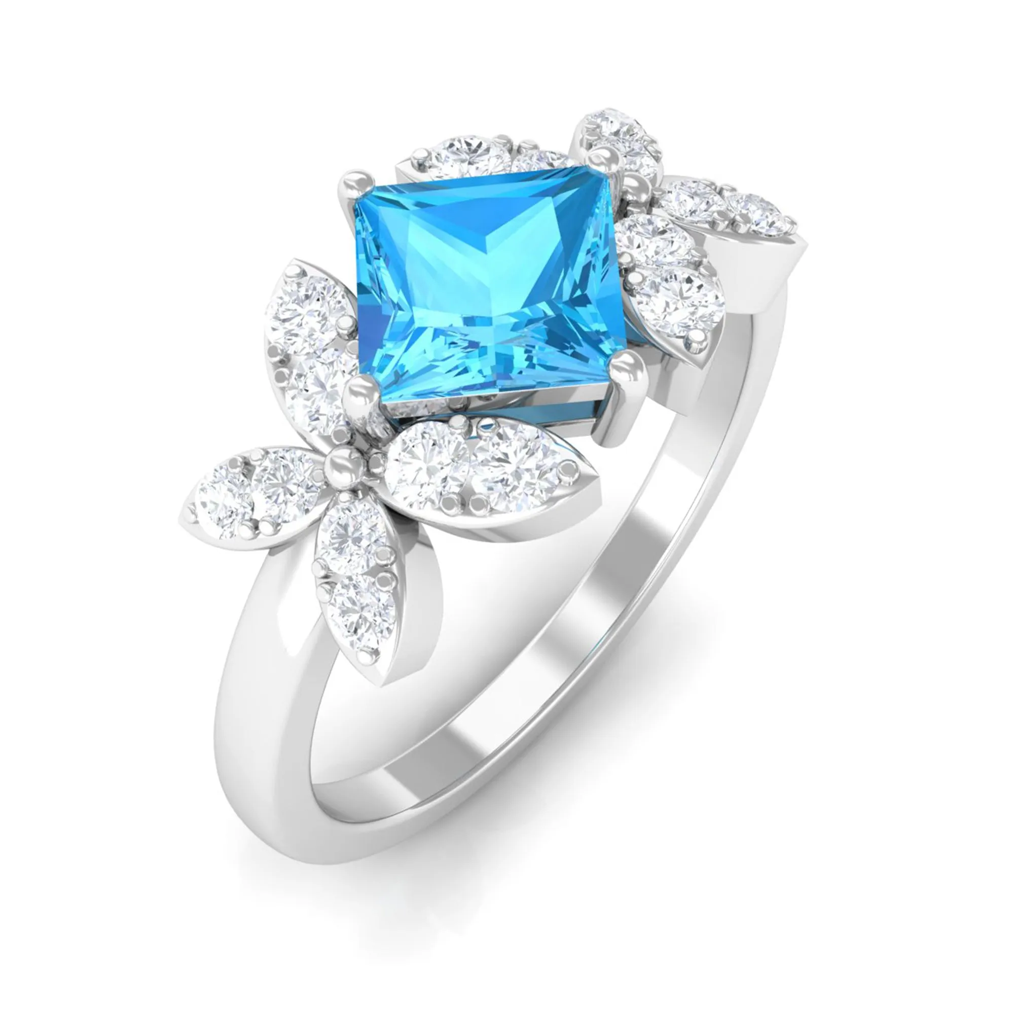 Floral Inspired Swiss Blue Topaz Engagement Ring with Diamond
