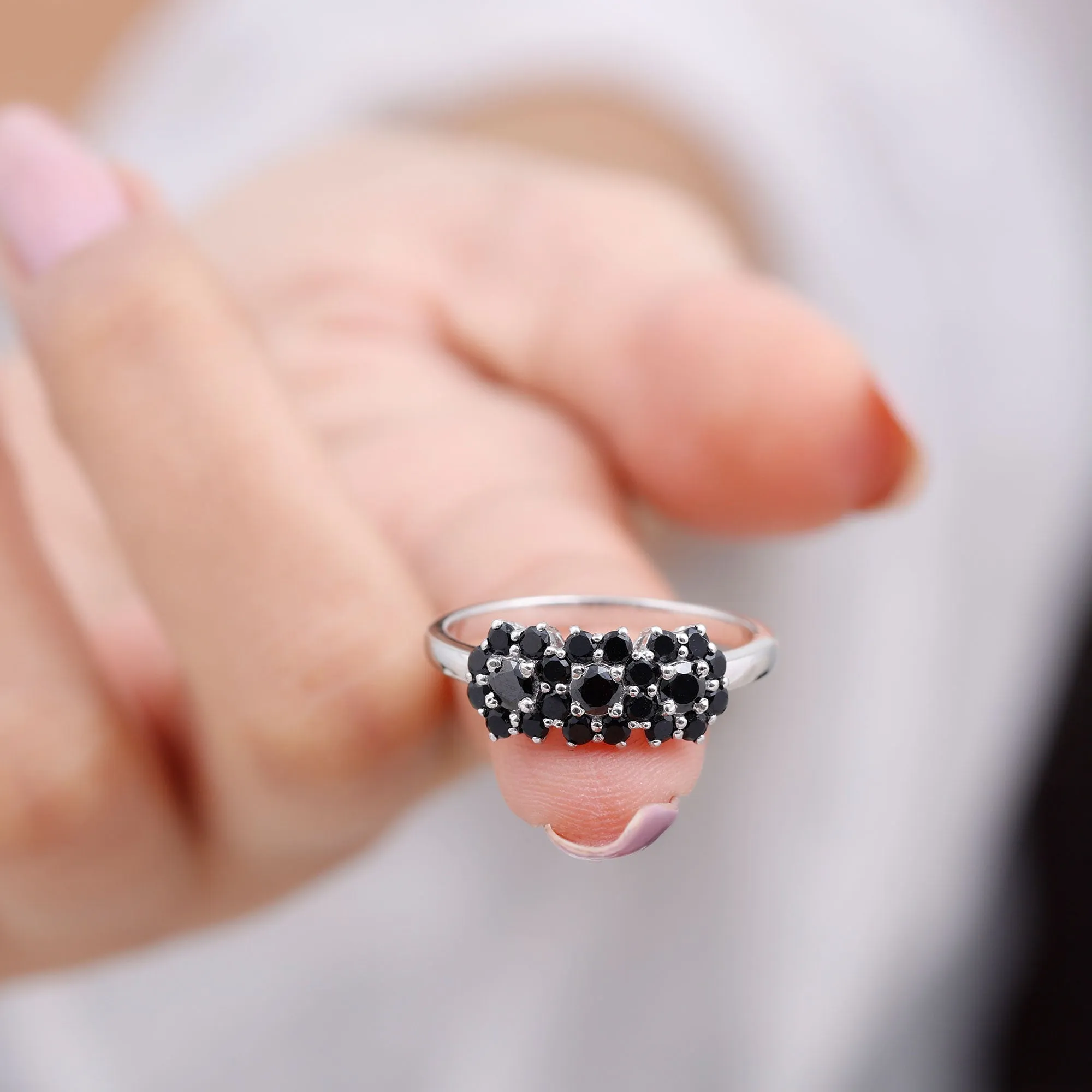 Genuine Black Diamond Flower Cluster Engagement Ring