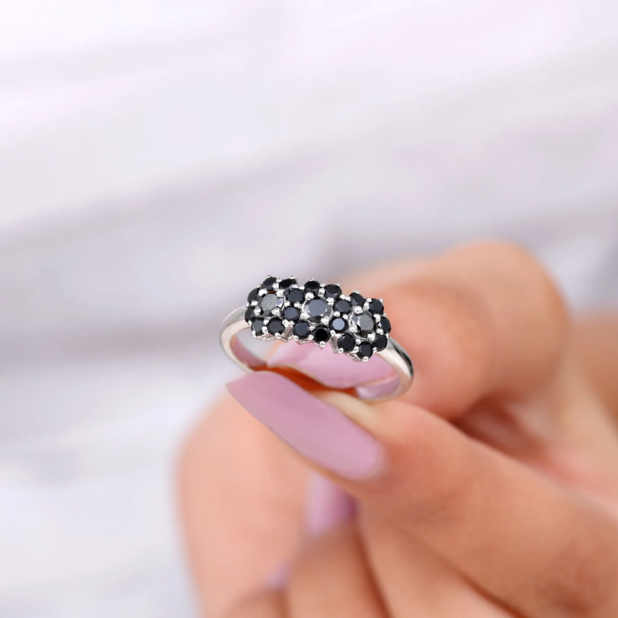 Genuine Black Diamond Flower Cluster Engagement Ring