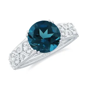 Genuine London Blue Topaz Flower Engagement Ring with Diamond