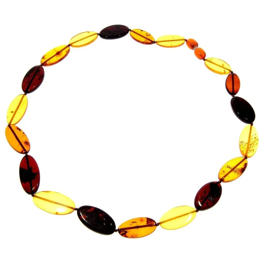Genuine Mixed Baltic Amber Flat Oval Olive Beads Luxurious Necklace - NE0174