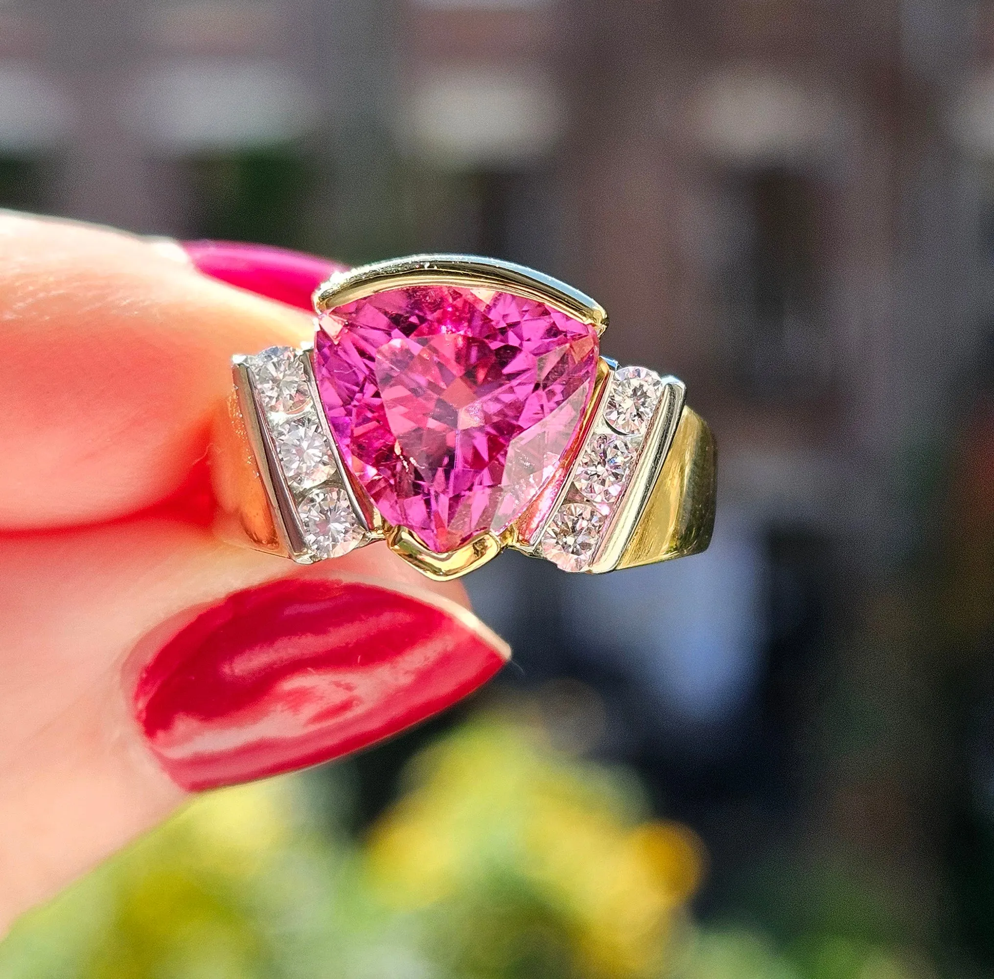 GIA 3.65ct Natural Pink Tourmaline Diamond 18k Yellow Gold Platinum Vintage Ring