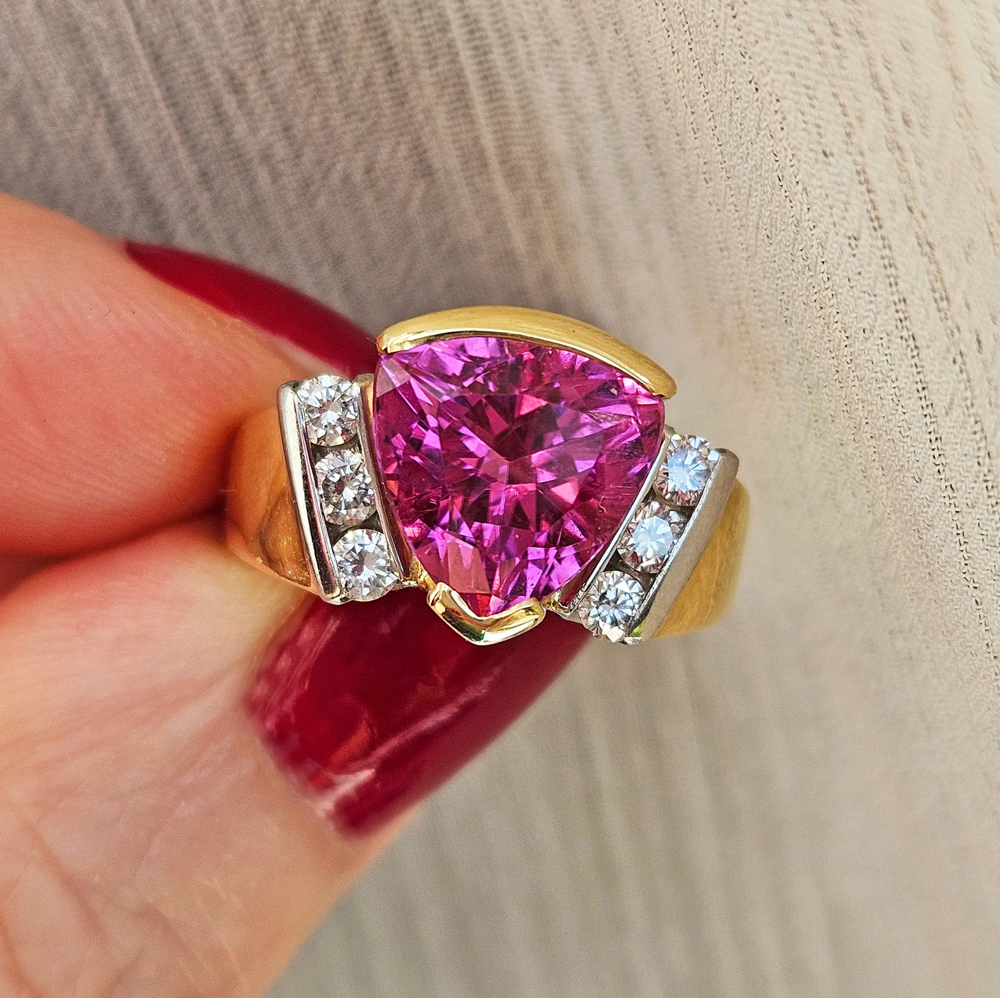 GIA 3.65ct Natural Pink Tourmaline Diamond 18k Yellow Gold Platinum Vintage Ring