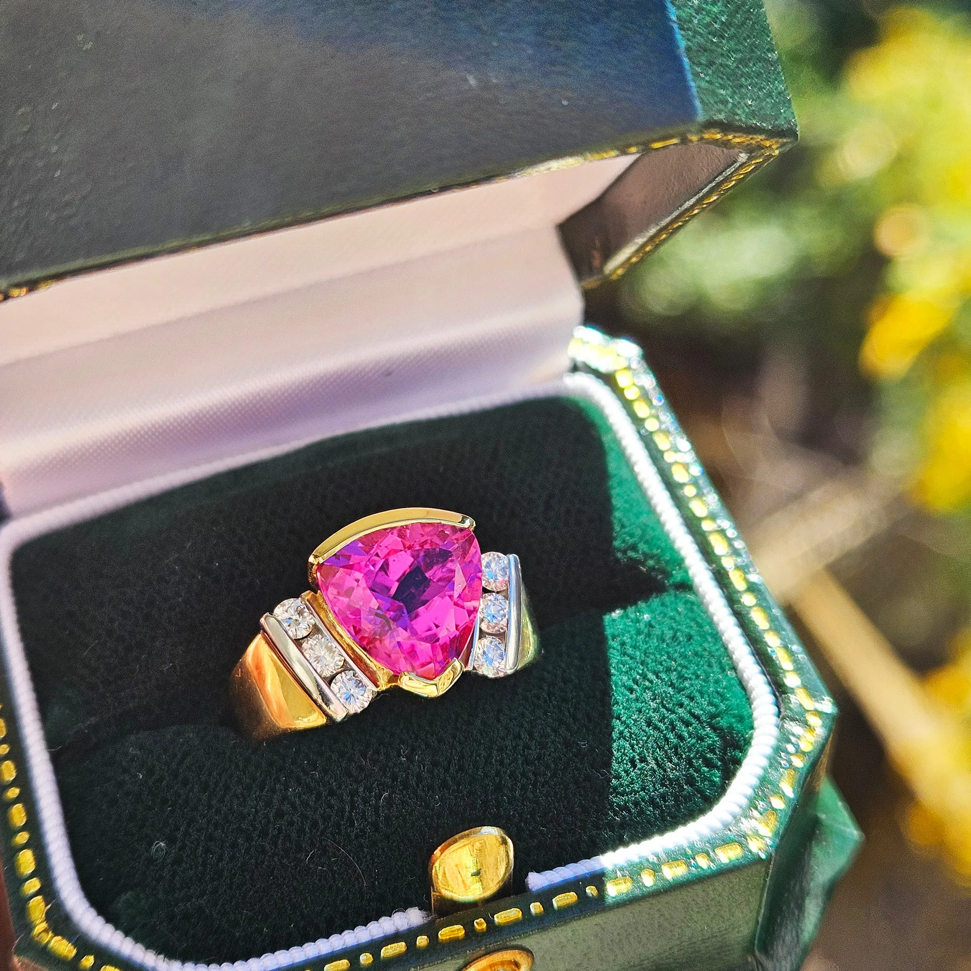 GIA 3.65ct Natural Pink Tourmaline Diamond 18k Yellow Gold Platinum Vintage Ring