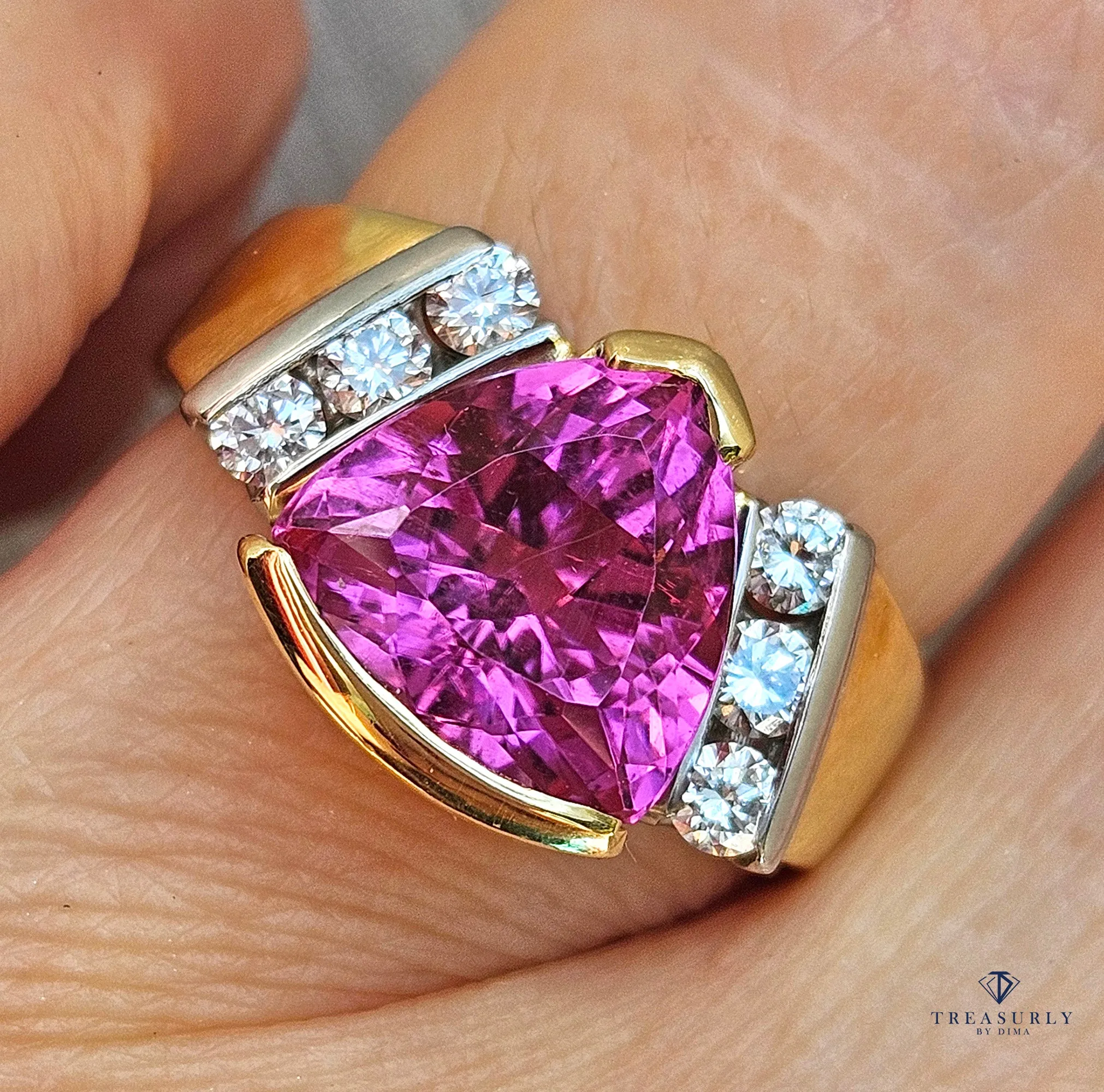 GIA 3.65ct Natural Pink Tourmaline Diamond 18k Yellow Gold Platinum Vintage Ring