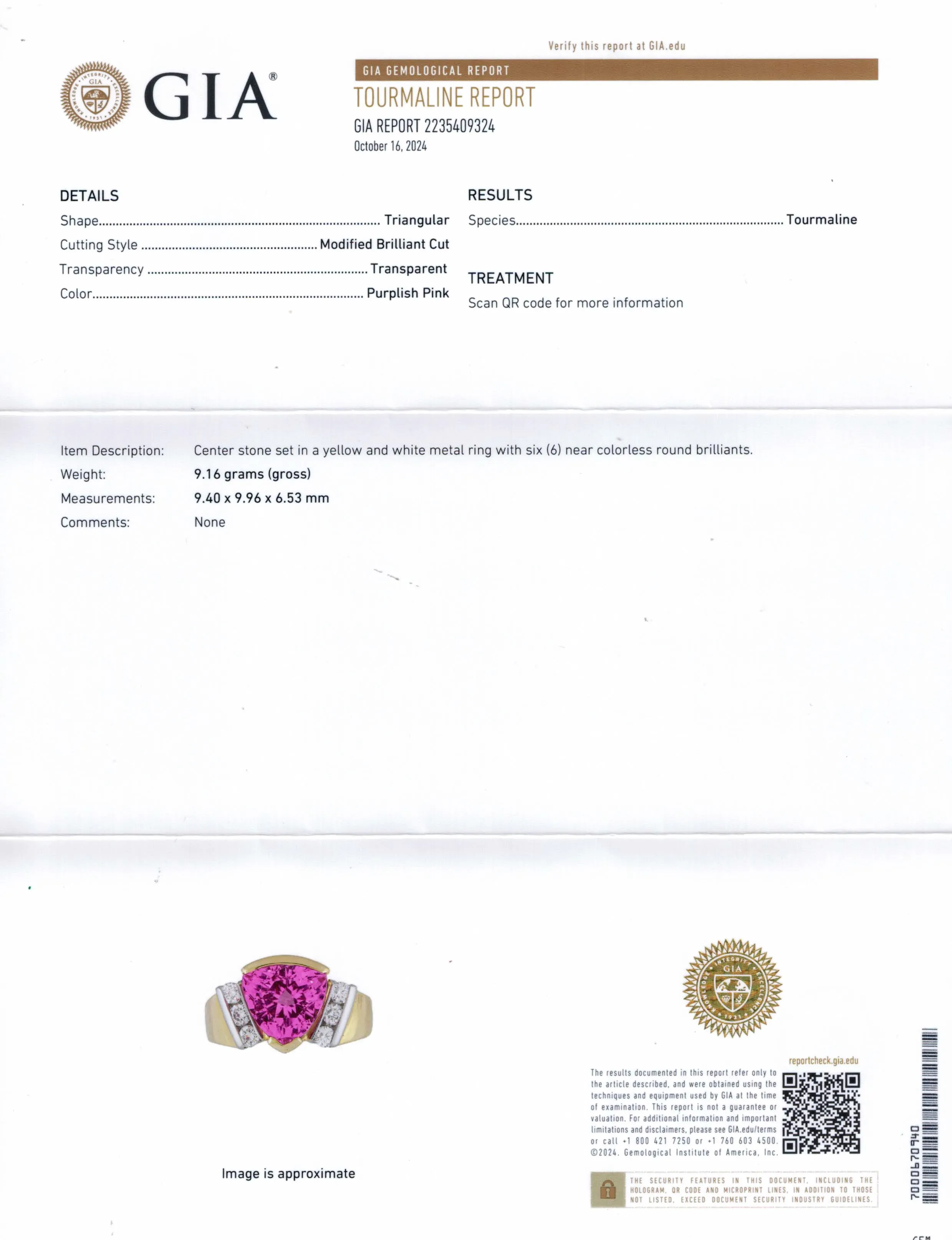 GIA 3.65ct Natural Pink Tourmaline Diamond 18k Yellow Gold Platinum Vintage Ring