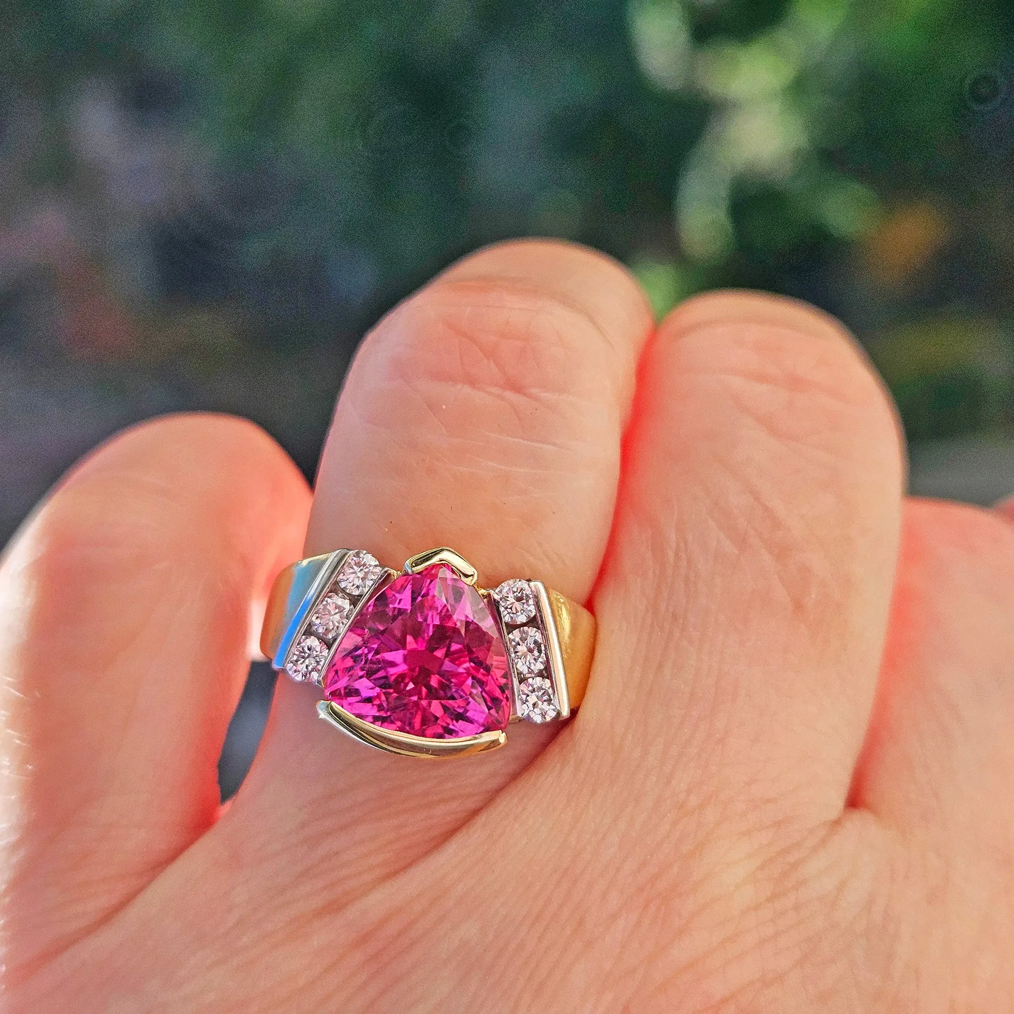 GIA 3.65ct Natural Pink Tourmaline Diamond 18k Yellow Gold Platinum Vintage Ring