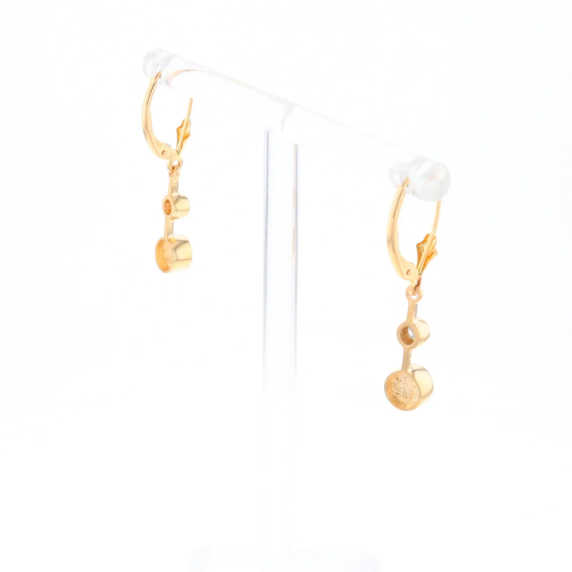 Gold Quartz Earrings Circle Shape Inlaid with .20ctw Diamonds Lever Backs