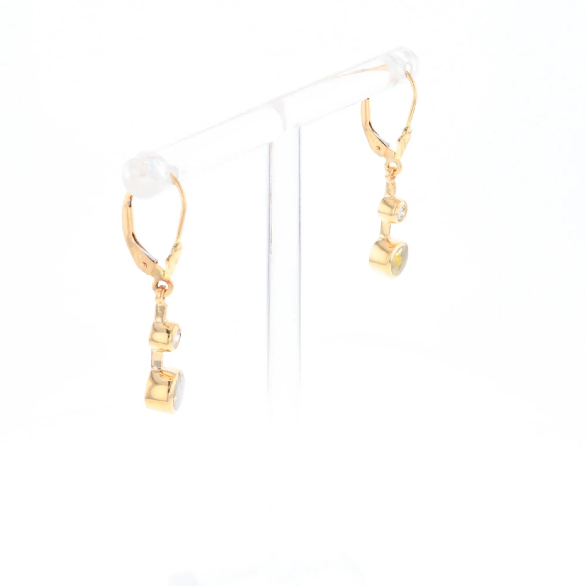 Gold Quartz Earrings Circle Shape Inlaid with .20ctw Diamonds Lever Backs