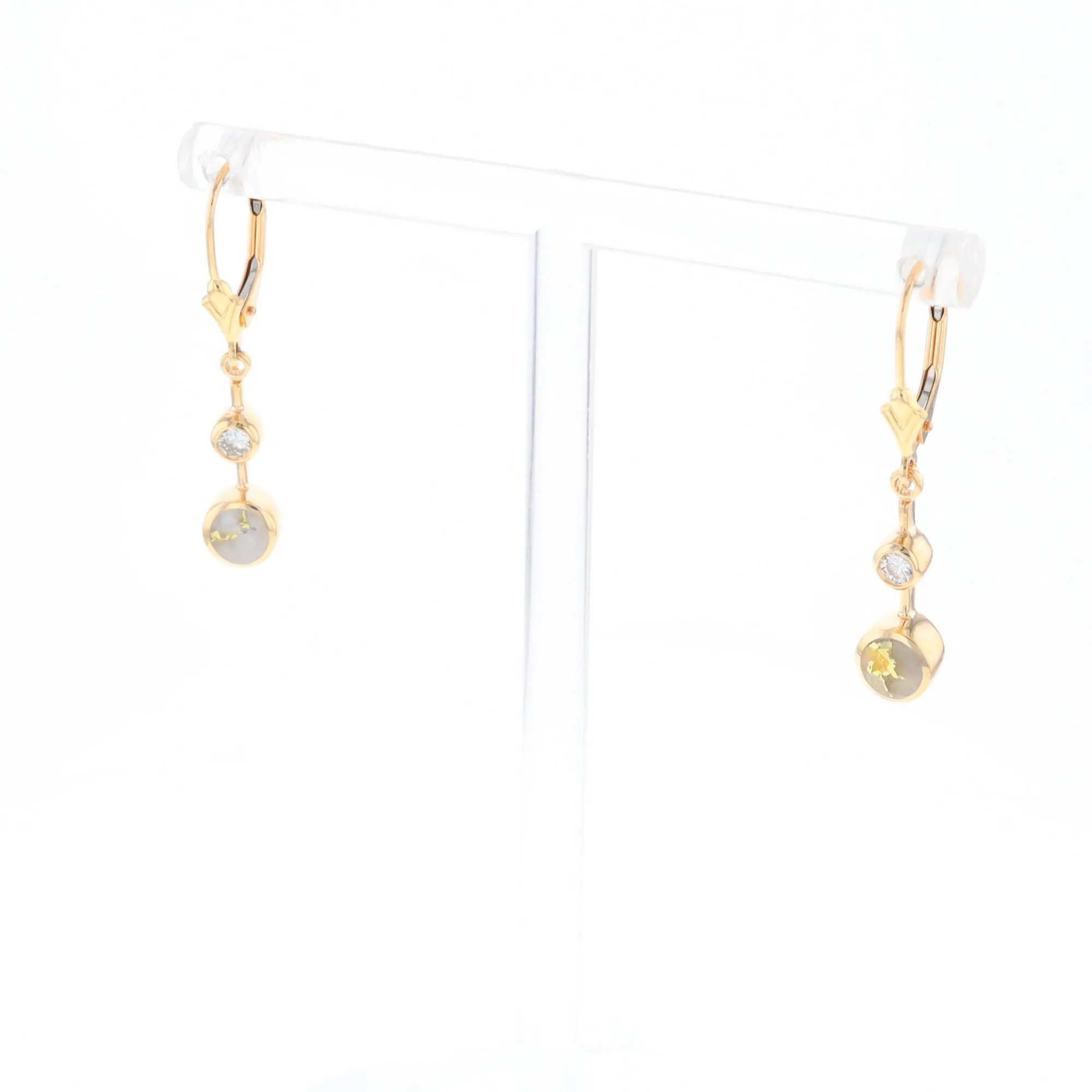 Gold Quartz Earrings Circle Shape Inlaid with .20ctw Diamonds Lever Backs