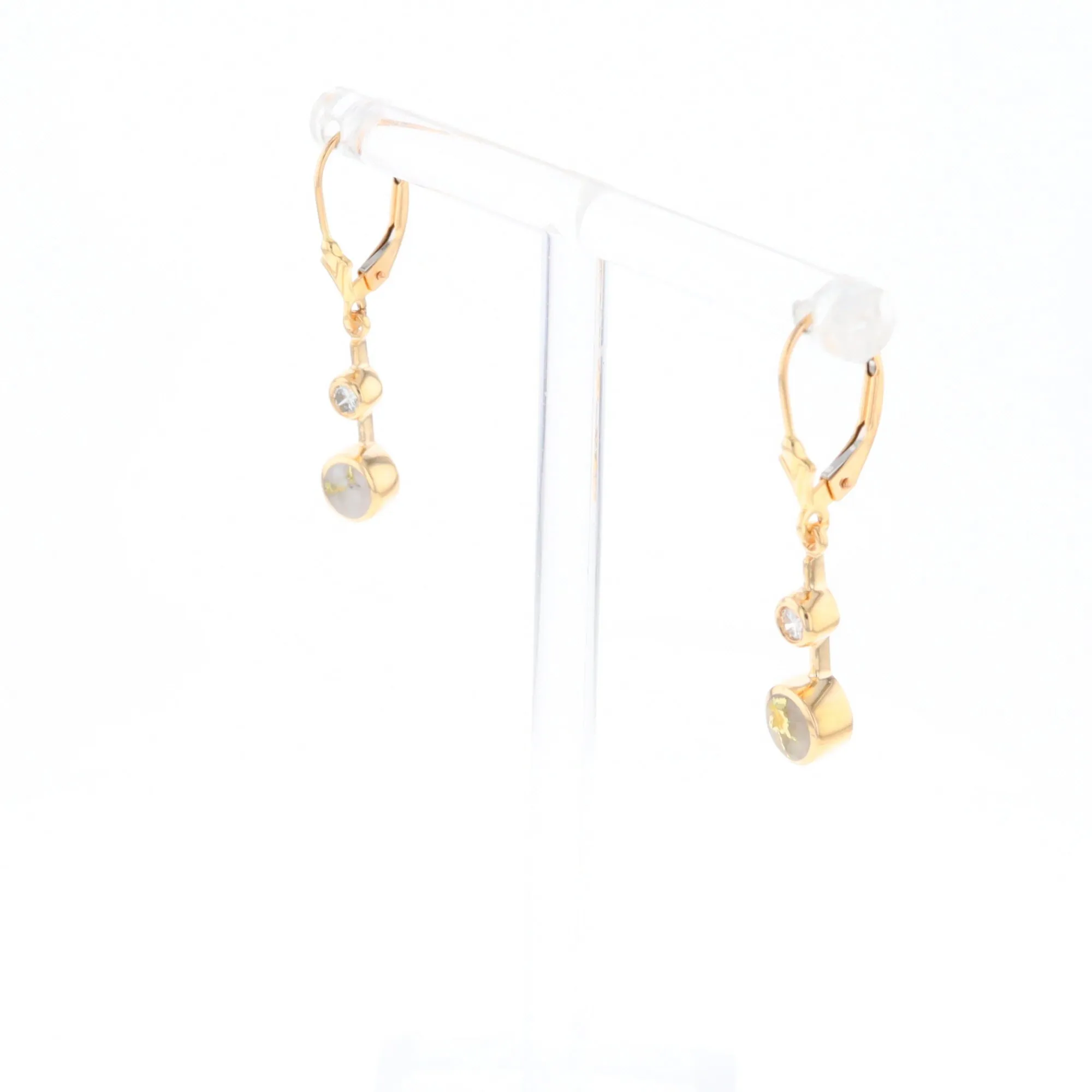 Gold Quartz Earrings Circle Shape Inlaid with .20ctw Diamonds Lever Backs