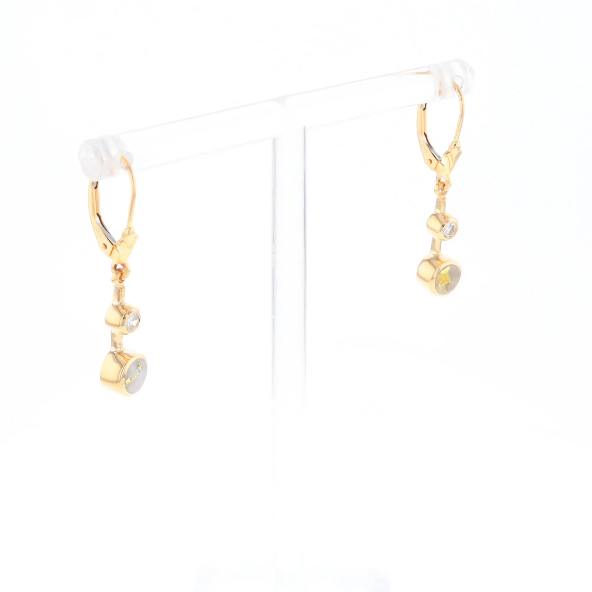 Gold Quartz Earrings Circle Shape Inlaid with .20ctw Diamonds Lever Backs