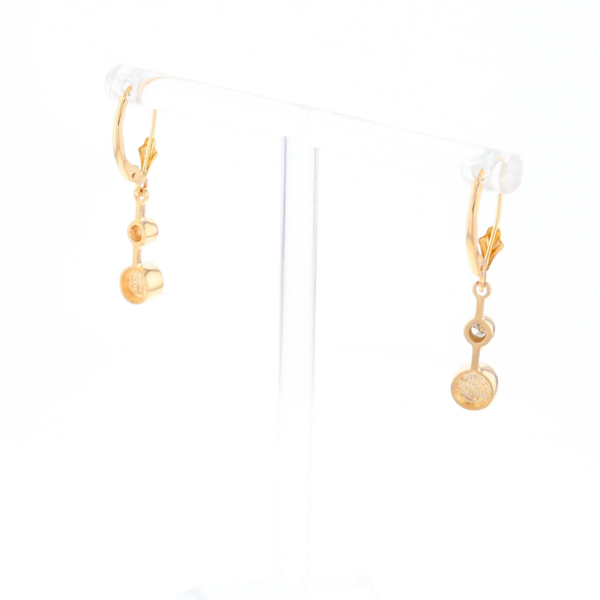 Gold Quartz Earrings Circle Shape Inlaid with .20ctw Diamonds Lever Backs