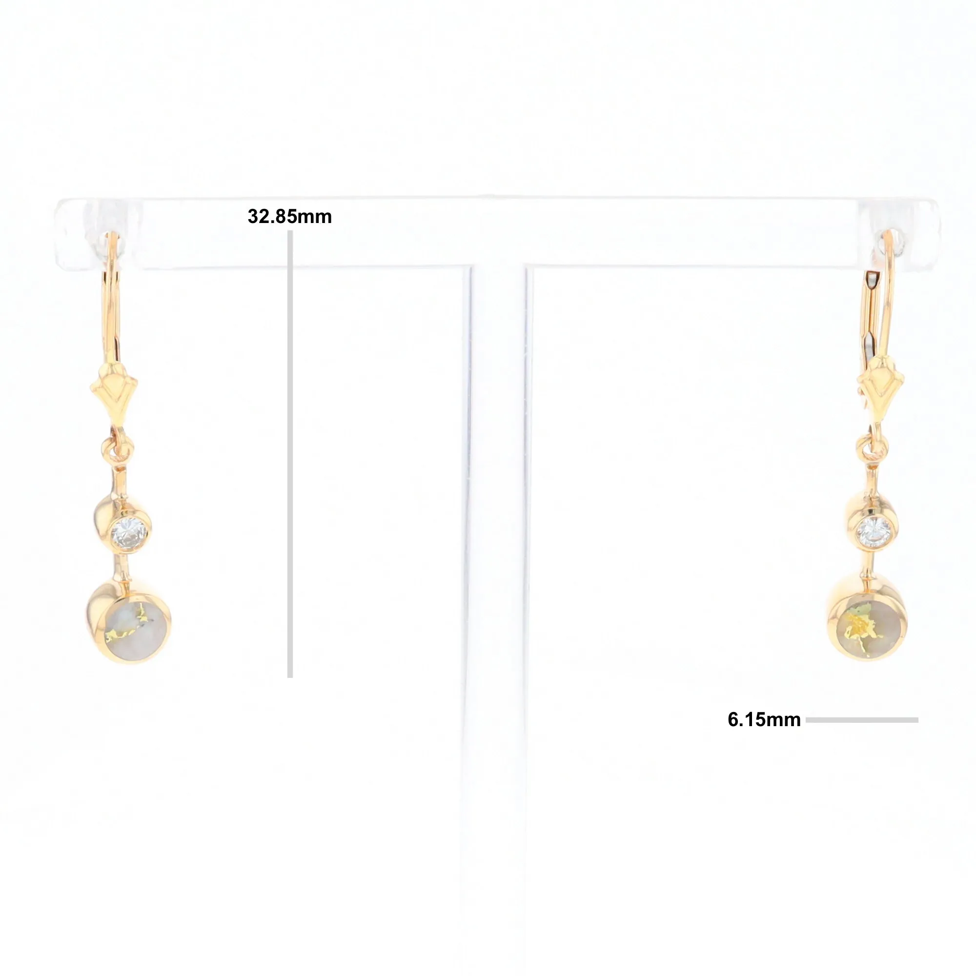 Gold Quartz Earrings Circle Shape Inlaid with .20ctw Diamonds Lever Backs