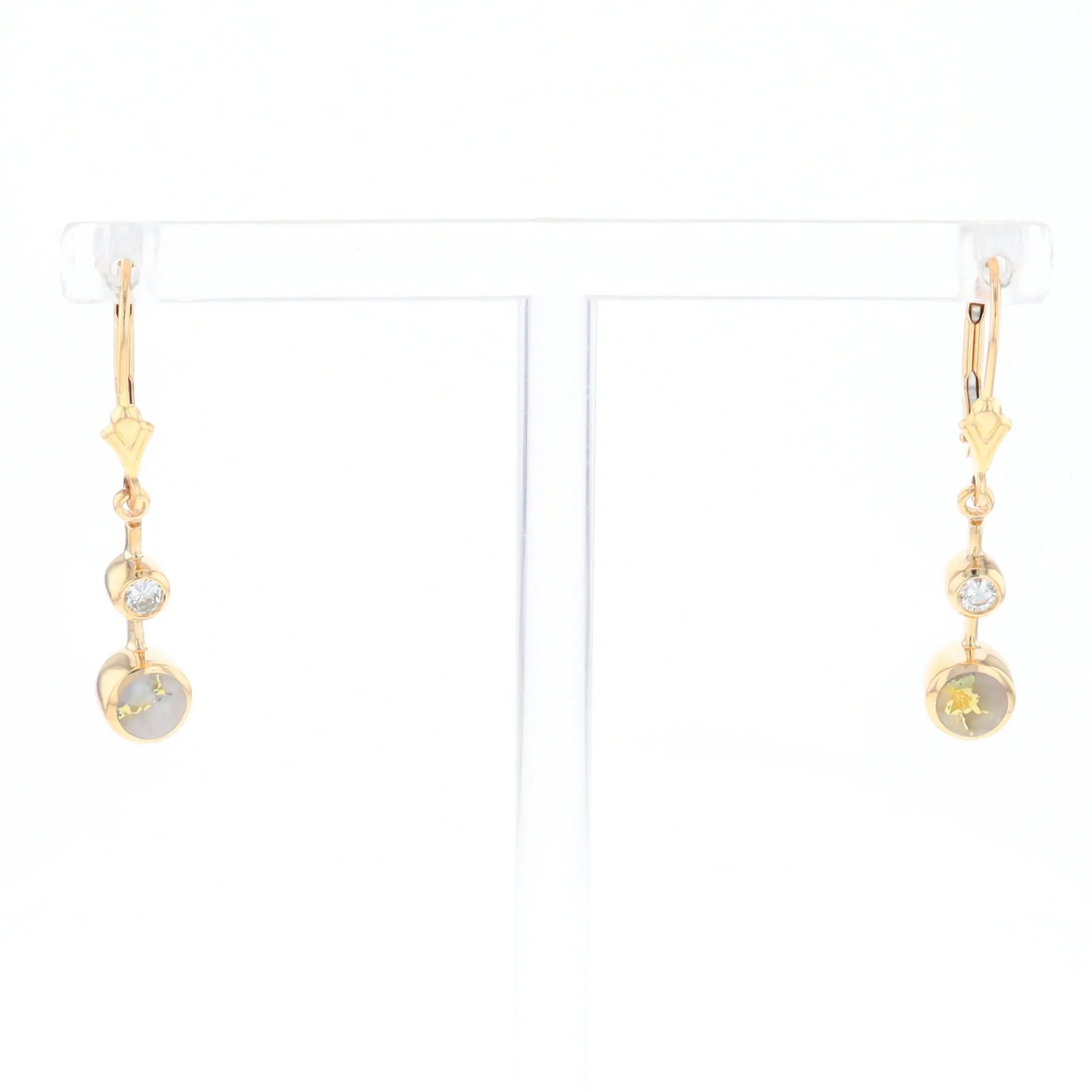 Gold Quartz Earrings Circle Shape Inlaid with .20ctw Diamonds Lever Backs