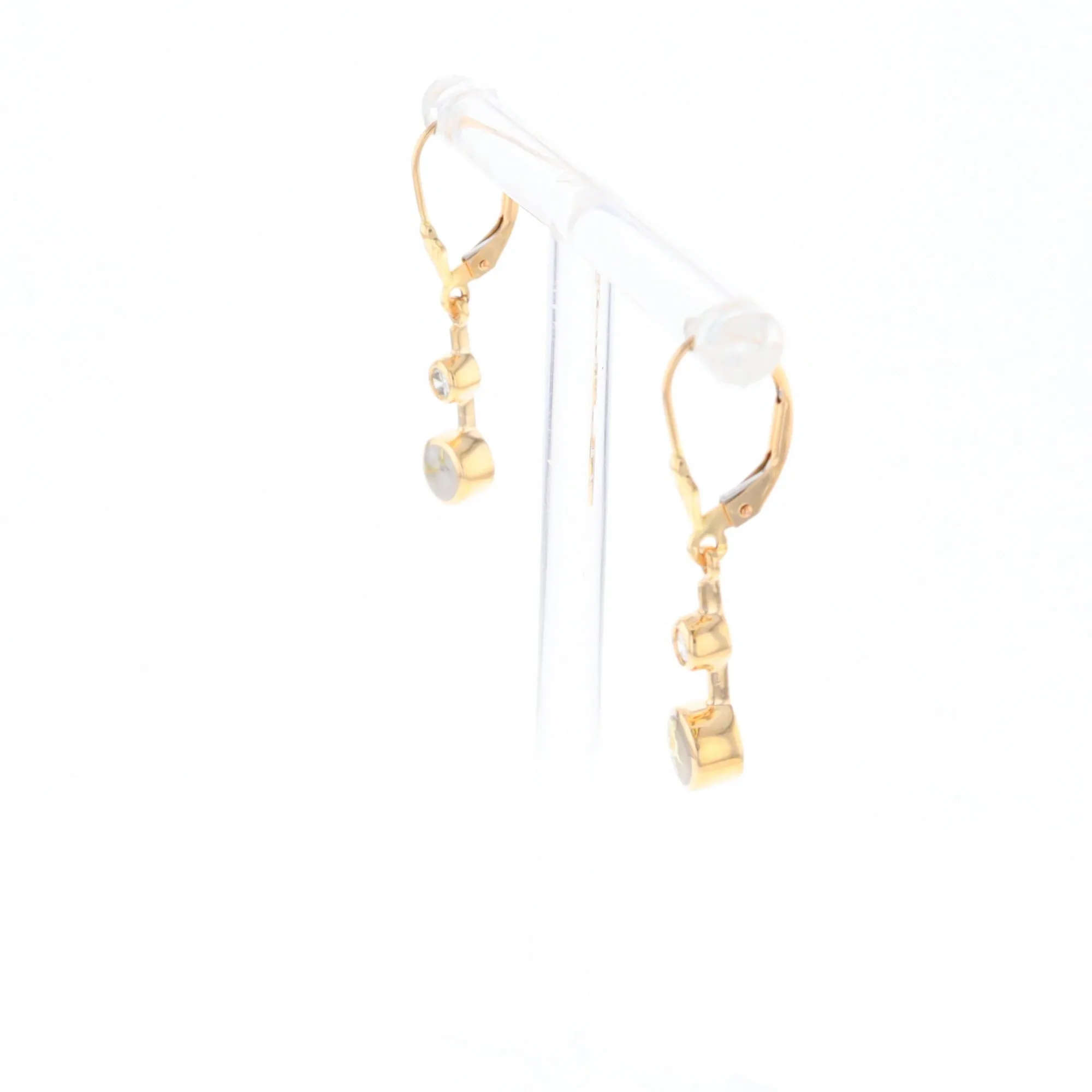 Gold Quartz Earrings Circle Shape Inlaid with .20ctw Diamonds Lever Backs