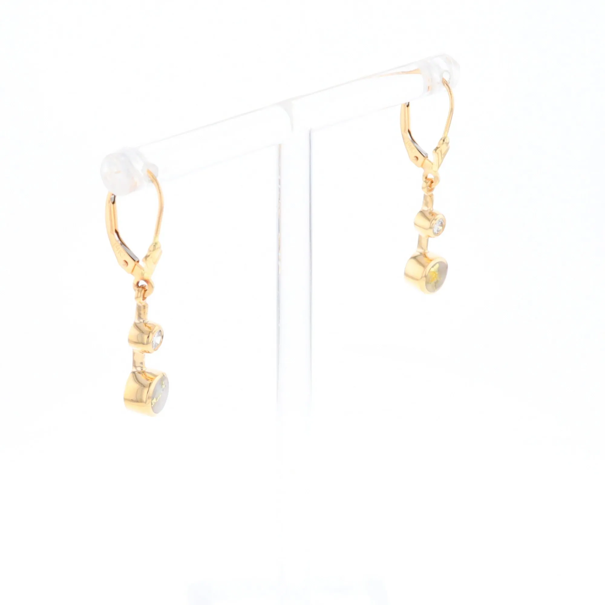 Gold Quartz Earrings Circle Shape Inlaid with .20ctw Diamonds Lever Backs