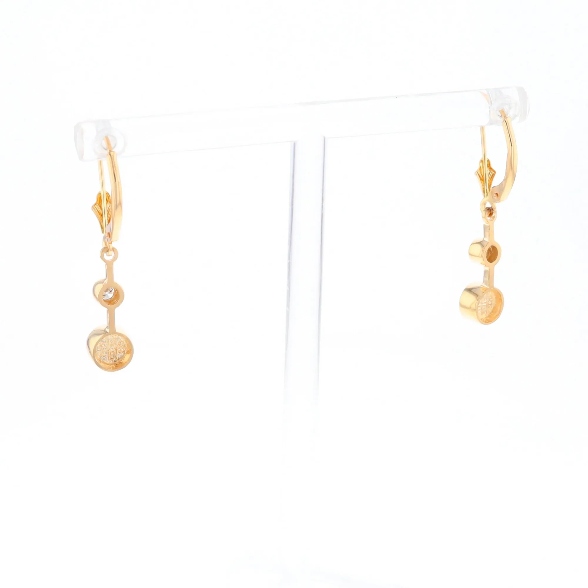 Gold Quartz Earrings Circle Shape Inlaid with .20ctw Diamonds Lever Backs